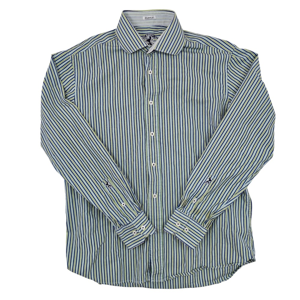 Bugatchi Uomo Mens Large Shaped Fit Long Sleeve Button Down Striped Shirt Green